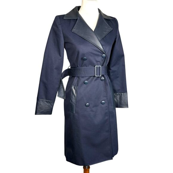 Misha Nonoo Navy Royal Lambskin Leather Trench Coat Size 0 - Picture 11 of 15